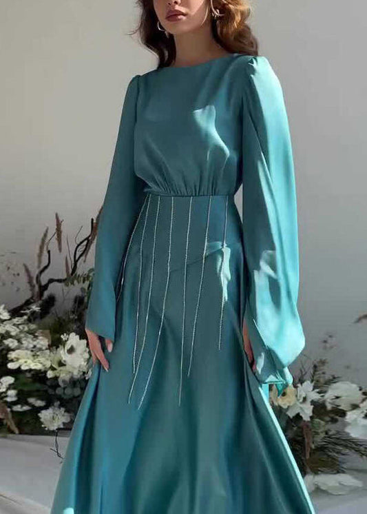 French Lake Blue Tassel Lace Up Silk Long Dress Fall QL021 OM-ZS241023