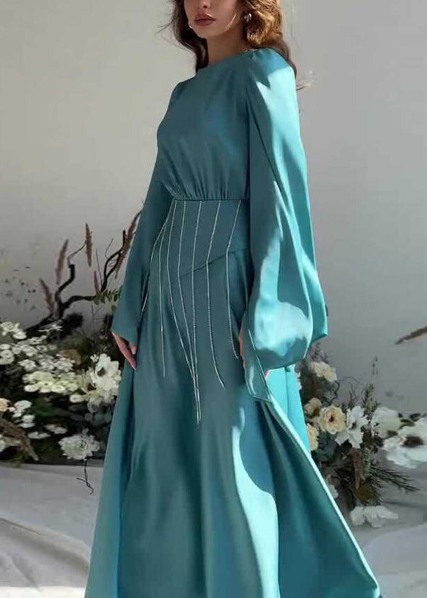 French Lake Blue Tassel Lace Up Silk Long Dress Fall QL021 OM-ZS241023