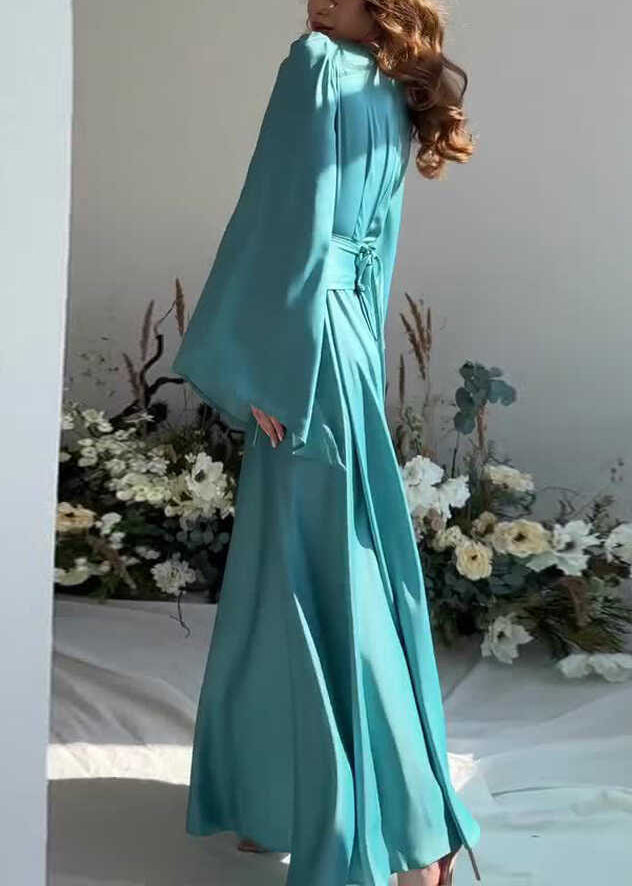 French Lake Blue Tassel Lace Up Silk Long Dress Fall QL021 OM-ZS241023