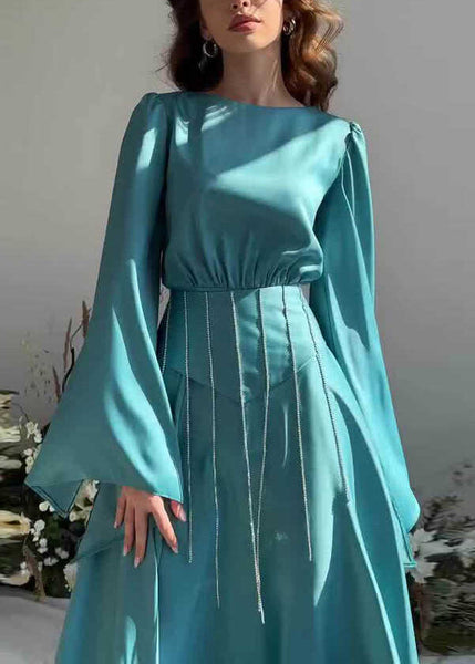 French Lake Blue Tassel Lace Up Silk Long Dress Fall QL021 OM-ZS241023