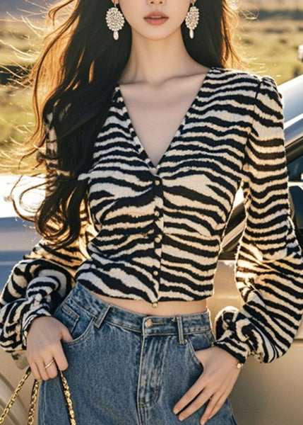 Lantern V Button Leopard French Sleeve Tops Neck FashionChic