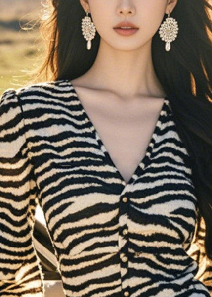 Lantern V Button Leopard French Sleeve Tops Neck FashionChic