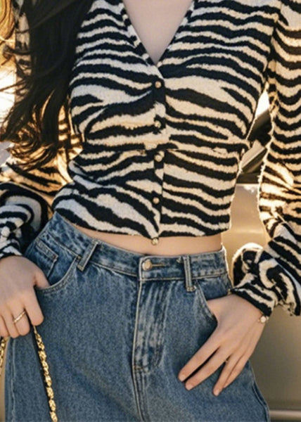 Lantern V Button Leopard French Sleeve Tops Neck FashionChic