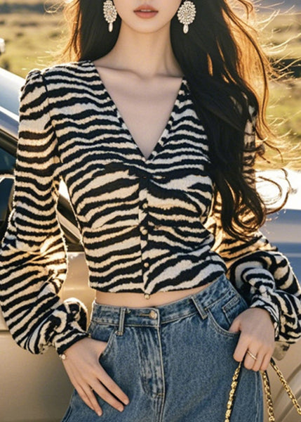 Lantern V Button Leopard French Sleeve Tops Neck FashionChic