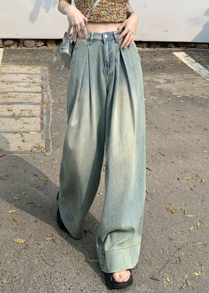 French Light Blue Pockets High Waist Wide Leg Pants Summer PP011 OM-NZ240827