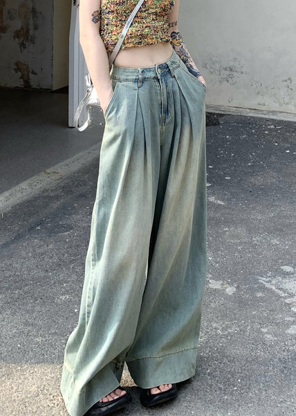 French Light Blue Pockets High Waist Wide Leg Pants Summer PP011 OM-NZ240827