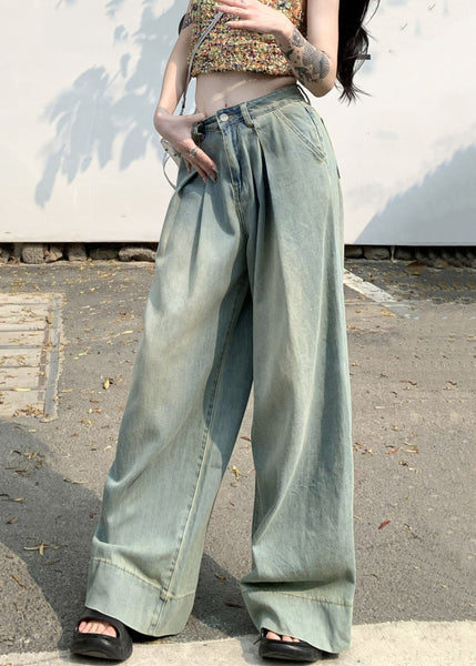French Light Blue Pockets High Waist Wide Leg Pants Summer PP011 OM-NZ240827