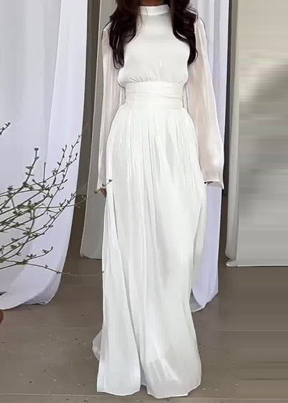 Blue Dresses Long Light Patchwork Spring French Wrinkled Silk FashionChic