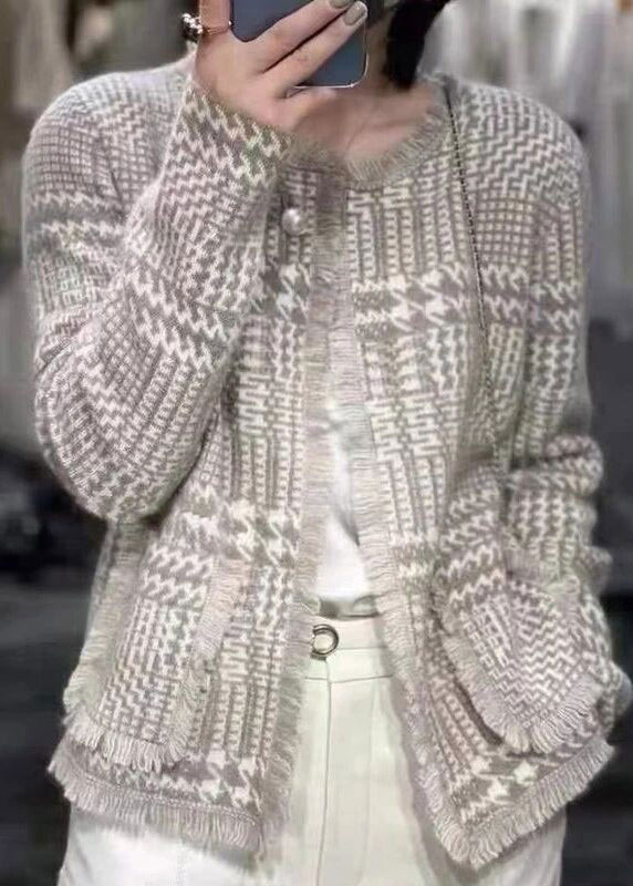 French Light Camel O-Neck Tassel Woolen Cardigan Fall WN031 ABC