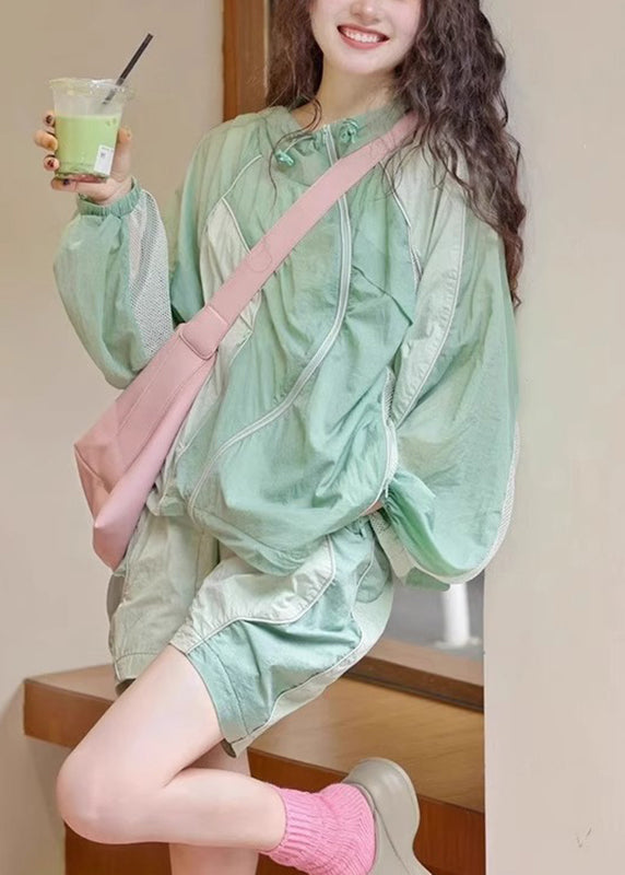 French Light Green Patchwork Shirts And Shorts Two Piece Set Summer UU1005 SH-LF-TPIEC240526