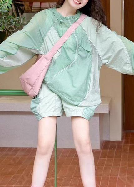 French Light Green Patchwork Shirts And Shorts Two Piece Set Summer UU1005 SH-LF-TPIEC240526