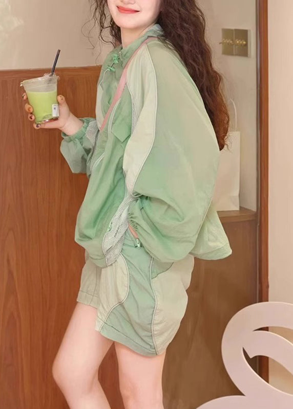 French Light Green Patchwork Shirts And Shorts Two Piece Set Summer UU1005 SH-LF-TPIEC240526