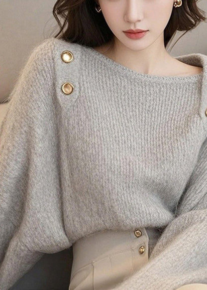 French Light Grey Slash Neck Cozy Cotton Knit Sweater Tops Spring TO045