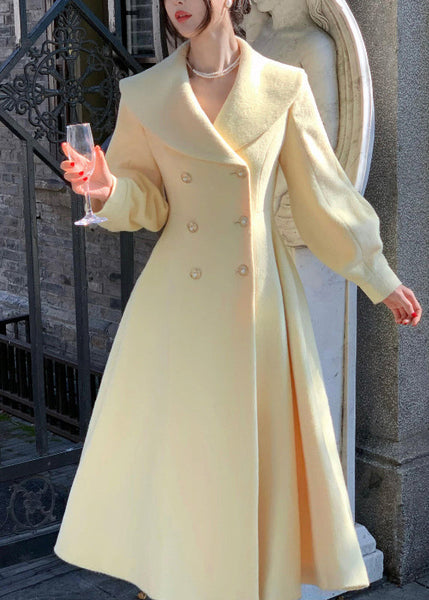 French Light Yellow Peter Pan Collar Double Breast Woolen Coat Spring TH044