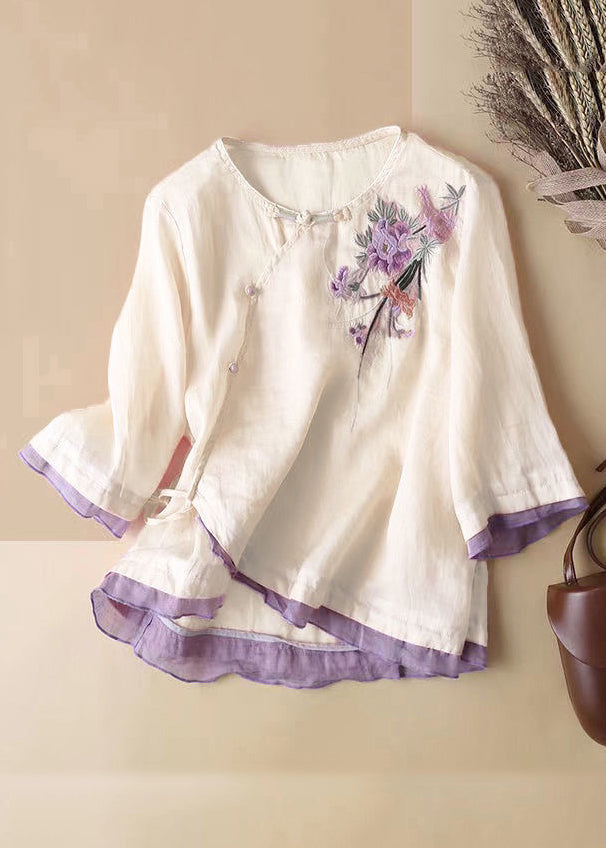 French Linen Embroidered Button Cotton Blouses Half Sleeve JH023 MMDM-HTP240717