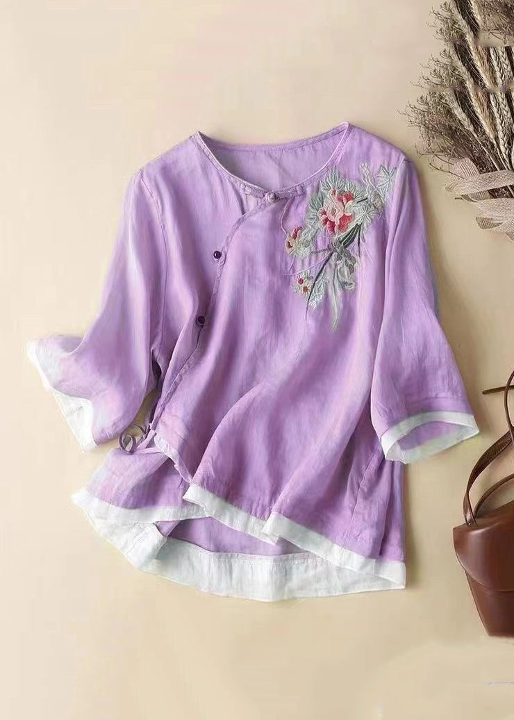 French Linen Embroidered Button Cotton Blouses Half Sleeve JH023 MMDM-HTP240717