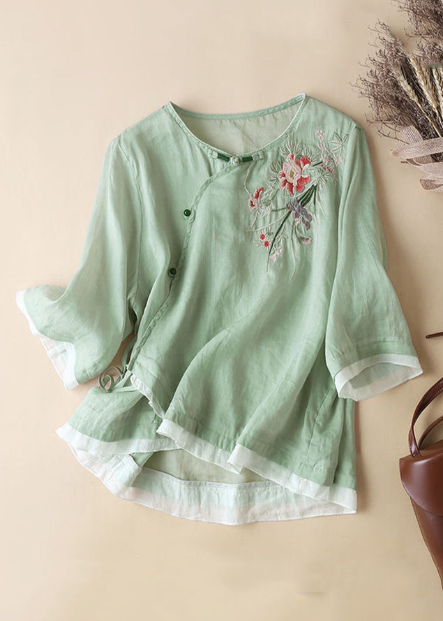 French Linen Embroidered Button Cotton Blouses Half Sleeve JH023 MMDM-HTP240717