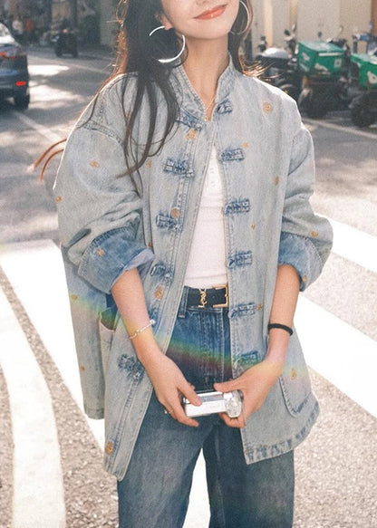 French Make Old Blue Button Pockets Denim Coats Long Sleeve Ada Fashion