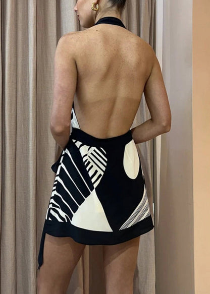 Tie Sleeveless Mini Dresses Navy French Waist Backless FashionChic