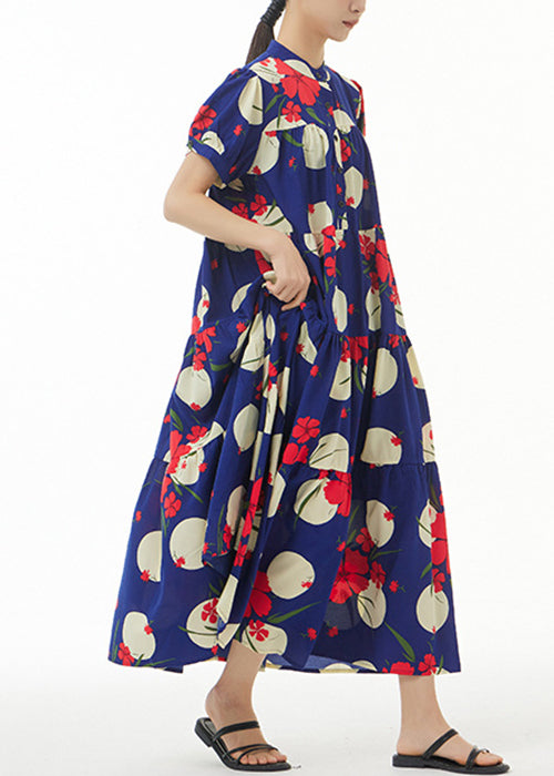 French Navy Button Print Cotton Long Dress Short Sleeve AA1017 Ada Fashion