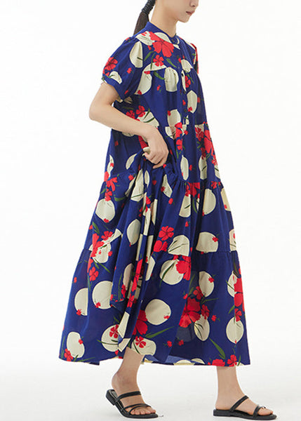 French Navy Button Print Cotton Long Dress Short Sleeve AA1017 Ada Fashion