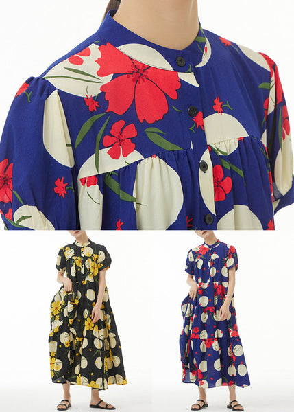 French Navy Button Print Cotton Long Dress Short Sleeve AA1017 Ada Fashion