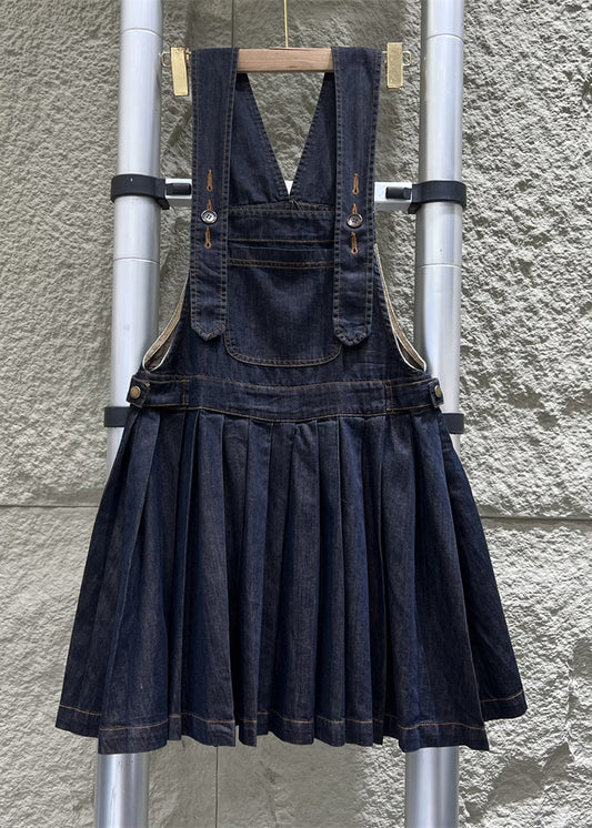 French Navy Button Wrinkled Denim Jumpsuit Sleeveless MN087 MMDM-JPTS240704