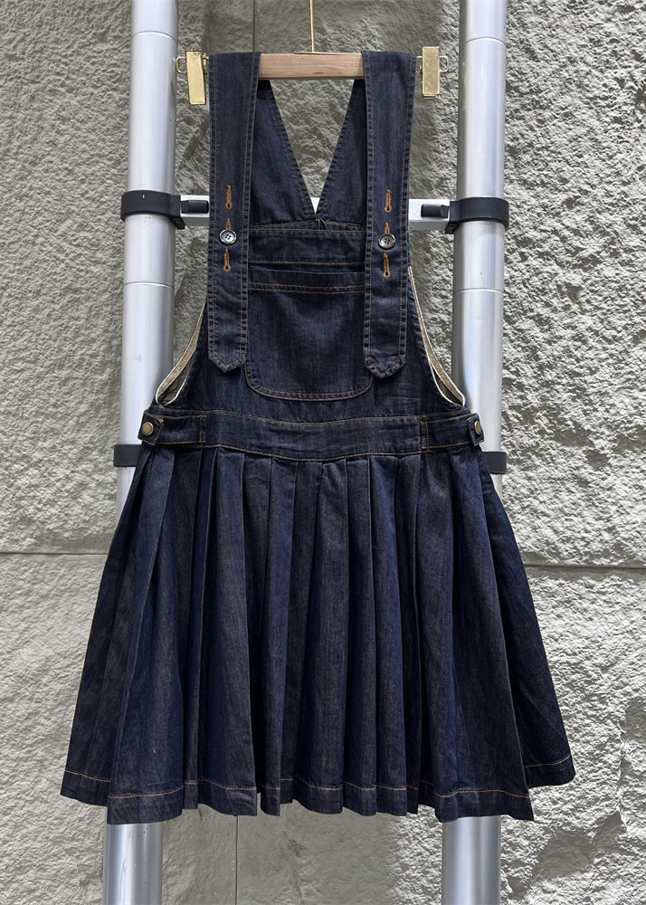 French Navy Button Wrinkled Denim Jumpsuit Sleeveless MN087 MMDM-JPTS240704