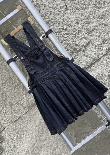 French Navy Button Wrinkled Denim Jumpsuit Sleeveless MN087 MMDM-JPTS240704