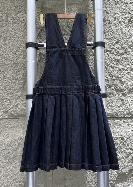 French Navy Button Wrinkled Denim Jumpsuit Sleeveless MN087 MMDM-JPTS240704
