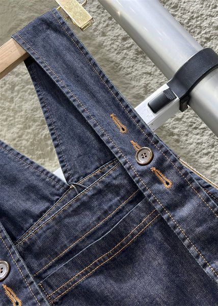 French Navy Button Wrinkled Denim Jumpsuit Sleeveless MN087 MMDM-JPTS240704