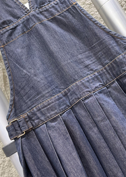 French Navy Button Wrinkled Denim Jumpsuit Sleeveless MN087 MMDM-JPTS240704