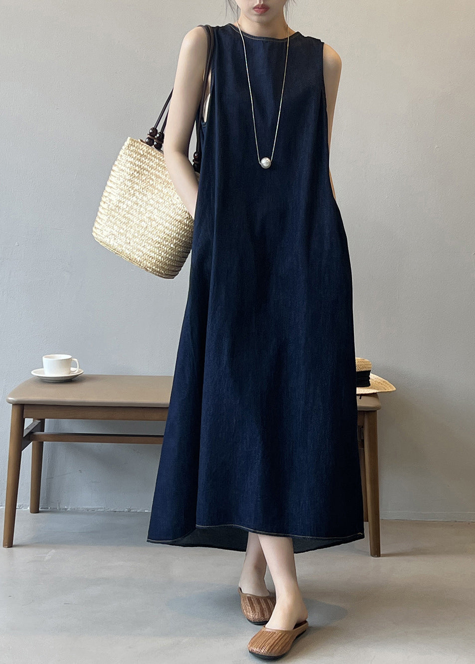 French Navy O Neck Pockets Denim Long Dress Sleeveless QB004 HS-SDL241025