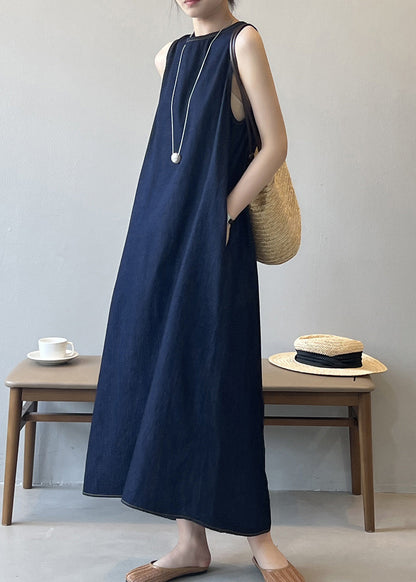 French Navy O Neck Pockets Denim Long Dress Sleeveless QB004 HS-SDL241025