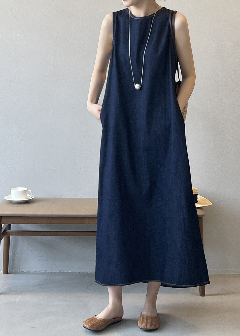 French Navy O Neck Pockets Denim Long Dress Sleeveless QB004 HS-SDL241025