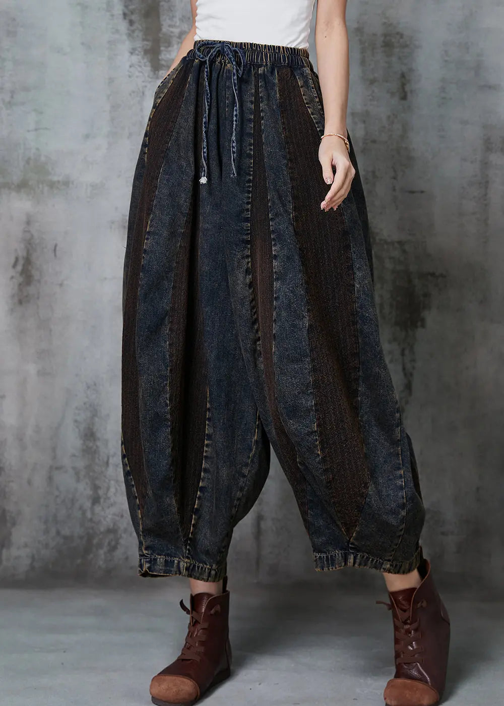 French Navy Oversized Patchwork Denim Pants Spring Ada Fashion