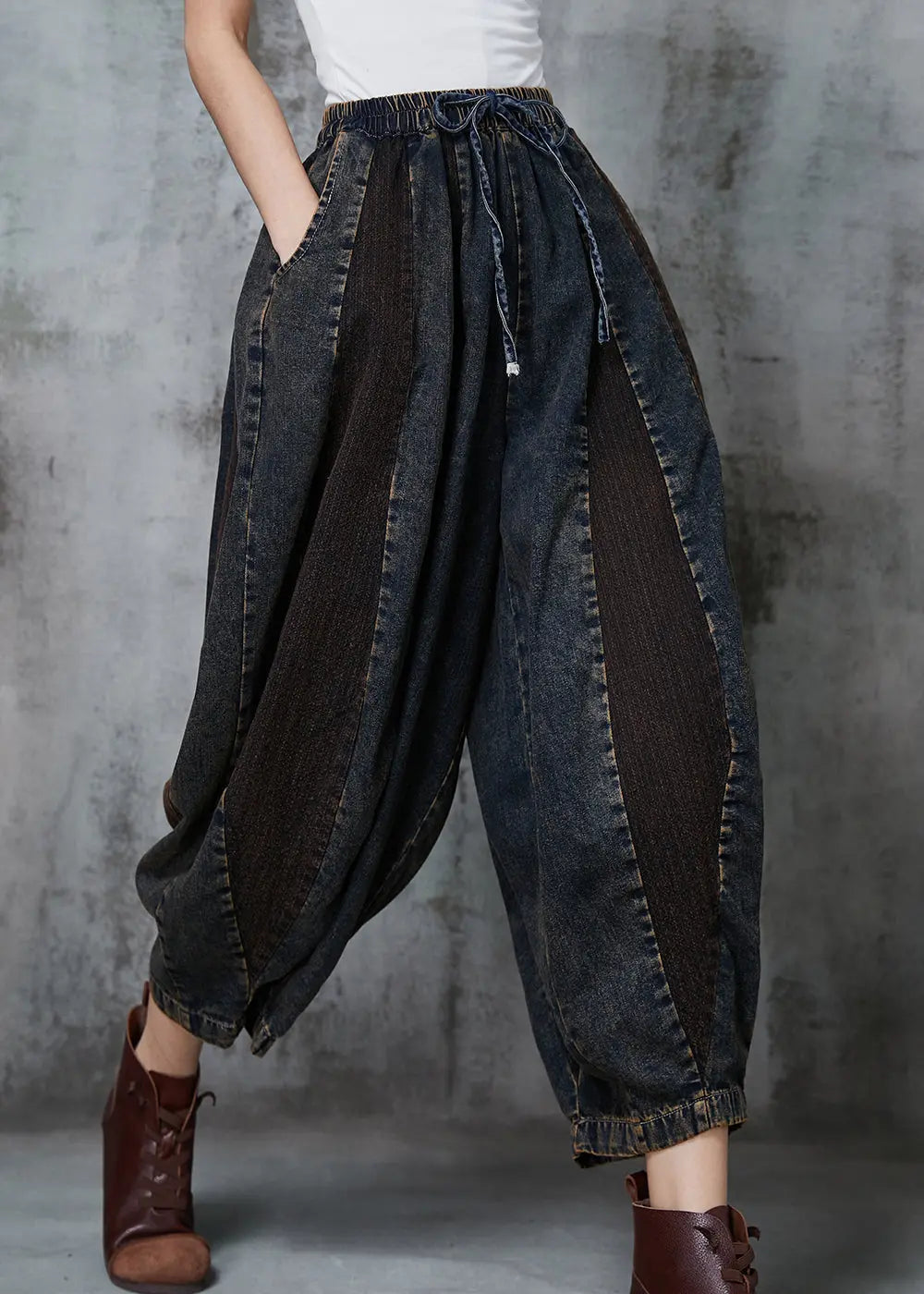 French Navy Oversized Patchwork Denim Pants Spring Ada Fashion