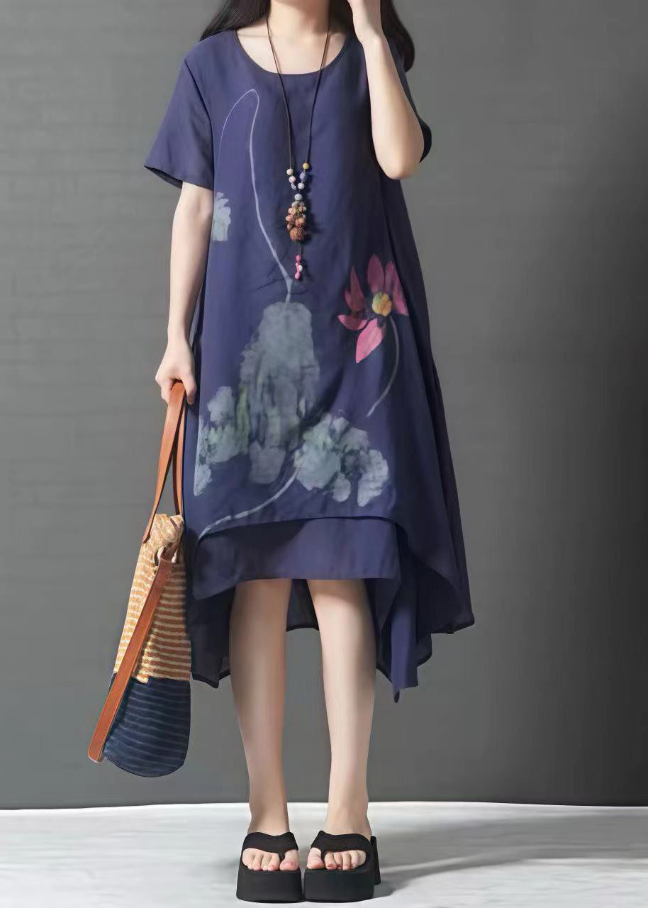 Navy Summer French Linen Oversized Layered Print Dress FashionChic