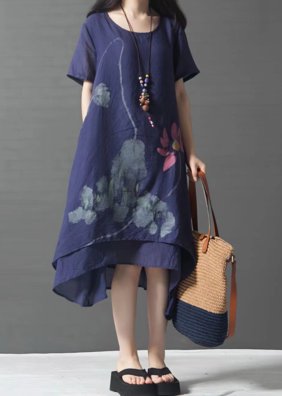 Navy Summer French Linen Oversized Layered Print Dress FashionChic