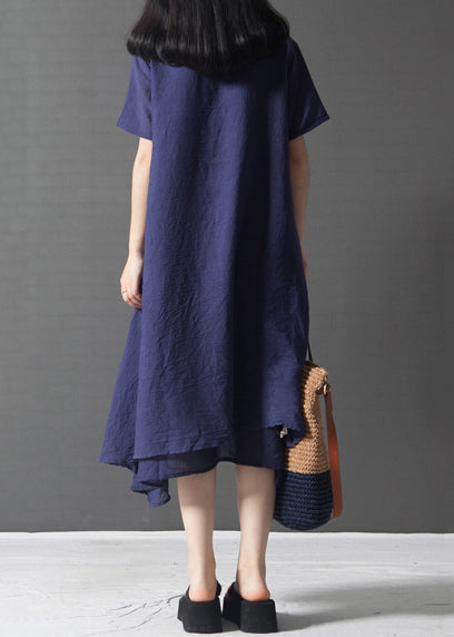 Navy Summer French Linen Oversized Layered Print Dress FashionChic