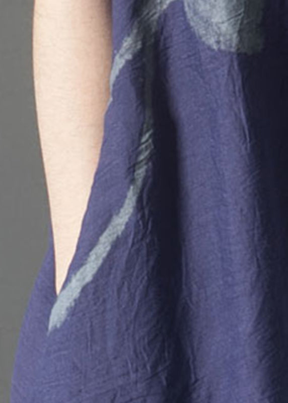 Navy Summer French Linen Oversized Layered Print Dress FashionChic