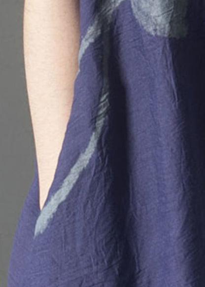 Navy Summer French Linen Oversized Layered Print Dress FashionChic