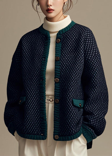 French Navy Plaid Button Patchwork Cotton Coat Winter ER006 ABC