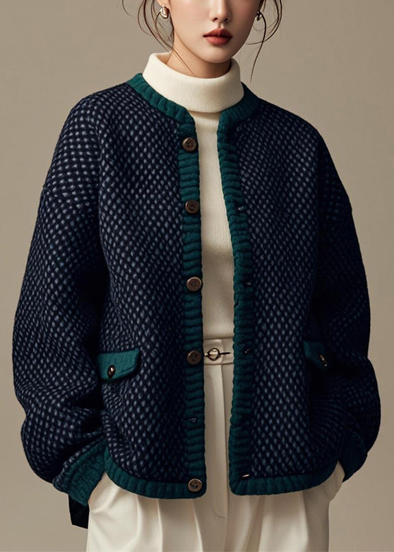 French Navy Plaid Button Patchwork Cotton Coat Winter ER006 ABC