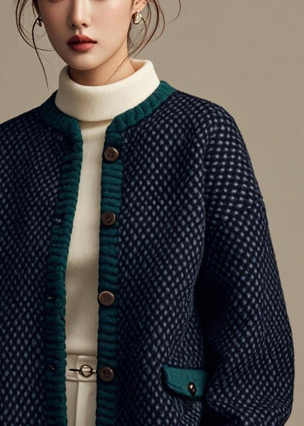 French Navy Plaid Button Patchwork Cotton Coat Winter ER006 ABC