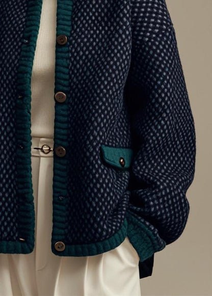 French Navy Plaid Button Patchwork Cotton Coat Winter ER006 ABC