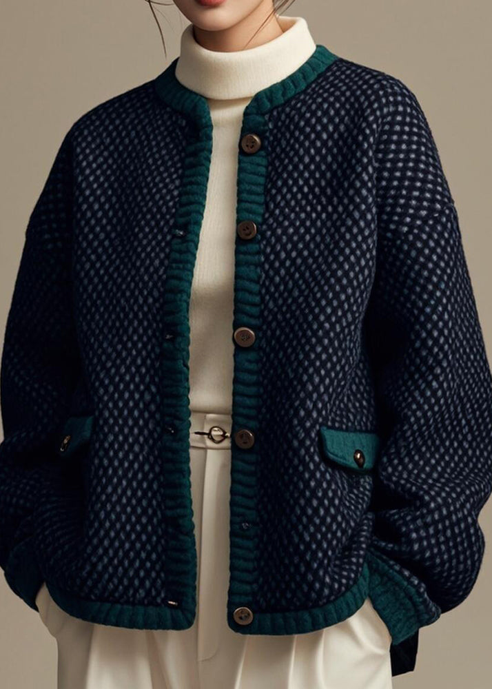 French Navy Plaid Button Patchwork Cotton Coat Winter ER006 ABC