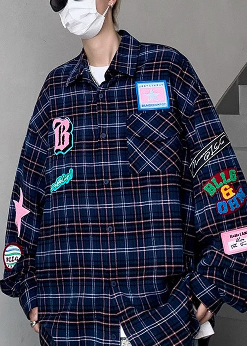 Navy Pockets Plaid Men Spring Shirt French Cotton FashionChic