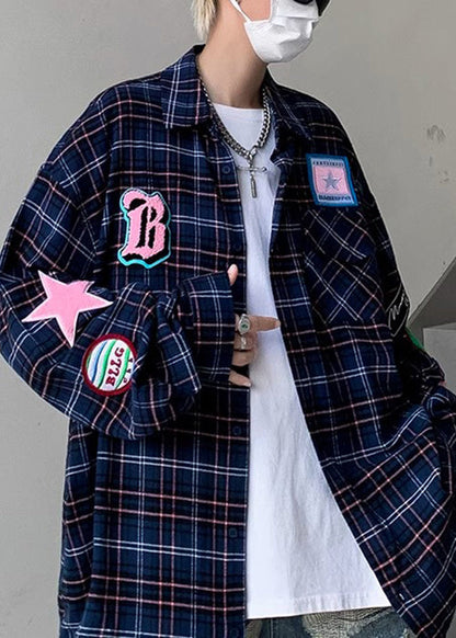 Navy Pockets Plaid Men Spring Shirt French Cotton FashionChic