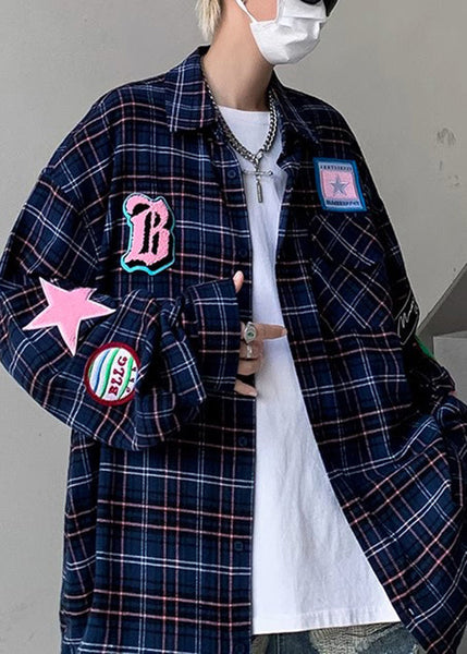 Navy Pockets Plaid Men Spring Shirt French Cotton FashionChic